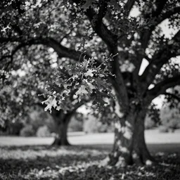 trees of oak, pinhole analogue photo quality, monochrome, blur, unfocus, 35mm