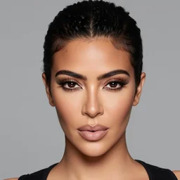 studio photo of kim kardashian with forehead tattoo, face tattoo, professional photo, close up, studio lighting, high quality