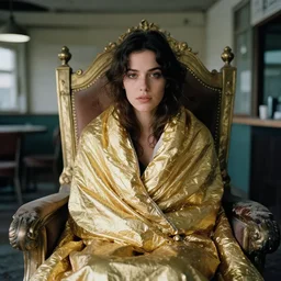 a color photograph, closeup portrait of a woman wrapped in a gold mylar foil blanket, sitting on a throne in an abandoned coffee shop, color photograph, by vincent desiderio, canon eos c 3 0 0, ƒ 1. 8, 3 5 mm, 8 k, medium - format print