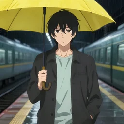 young adult, male, medium length black hair, brown eyes, pale skin, standing on a train platform, night, holding a yellow umbrella, anime style, raining