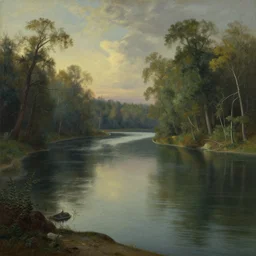 a painting of a body of water surrounded by trees, a detailed matte painting by Kim Keever, cgsociety, hudson river school, matte painting, apocalypse landscape, diorama