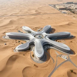 parametric structure, medical complex, in the desert beside the gulf, view from above, design by denis villeneuve, dezeen, architectural photography