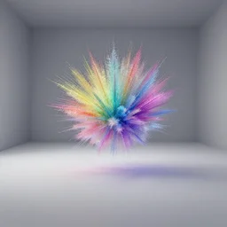 blender render of a rainbow glitter explosion occuring in the center of a blank slate totally empty 3d room