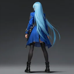 low - angle shot from behind of a long light blue - haired girl in a blue tailcoat with a scabbard, combat boots, noir, screenshot, sharp focus, intricate, illustration, cell shaded, digital painting, highly detailed, straight hair, art by ilya kuvshinov, wlop, greg rutkowski, studio quality, james jean