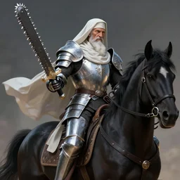 an elder, muscular warrior nun with a shining templar armor and a chainsaw sword riding a black horse, cinematic lighting, beautiful digital art, overdetailed illustration, high definition, 8 k