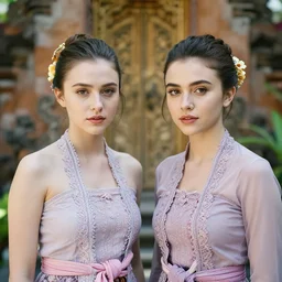 portrait of lindsey pelas and charlie grace moretz wearing kebaya in bali, by charlotte grimm, natural light, detailed face, beautiful features, symmetrical, canon eos c 3 0 0, ƒ 1. 8, 3 5 mm, 8 k, medium - format print, half body shot