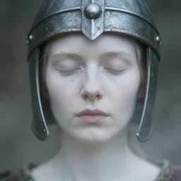 medieval helm, out of focus!! photorealistic portrait of a beautiful pale woman by saul leiter, very blurry!!, translucent white skin, closed eyes, foggy, pale lips