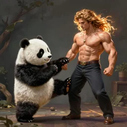 Stuffed panda kicking a tall fit French man