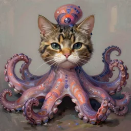 unholy fusion of a cat and octopus, digital painting, matte finish, detailed, 4 k, colorful