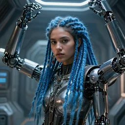 beautiful futuristic himba young woman inside a spaceship, robotic arms, blue metallic dreadlocks, hyperrealistic, sci - fi, dramatic lighting, intricate, soft focus, assymetrical