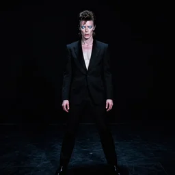 david bowie with bright glowing eyes, staring into rhe camera, standing creepily in the middle of the room, black background, dark room, dramatic lighting