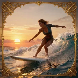 surfing at sunset by sandra chevrier greg rutkowski, wlop, artgerm, cinematic dramatic lighting, ornate, epic composition, 4 k 8 k, cryengine octane blender, sharp focus, concept art, masterpiece, unreal engine, trending on artstation, photorealistic, octane, hyper detailed, trending on deviantart,
