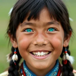 a fantasy picture of a beautiful native american boy with large mysterious turquoise eyes smiling with an open mouth, showing his shining white teeth