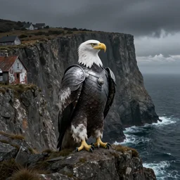 anthropomorphic white tailed eagle in armor, in front of vast rocky cliffs circa 1900, dark, brave, solemn, ocean off cliff edges, cliff side home, weathered homes, wide shot