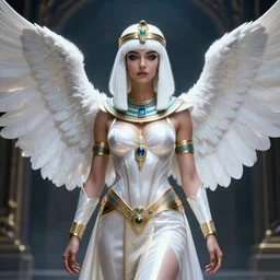 perfect white haired egyptian queen wearing white dove wings, warframe armor, regal, attractive, ornate, sultry, beautiful, dreamy, elize theron, pretty face, blue eyes, detailed, scifi platform, 4 k, ultra realistic, epic lighting, android body, illuminated, cinematic, masterpiece, art by akihito tsukushi, voidstar, artgerm