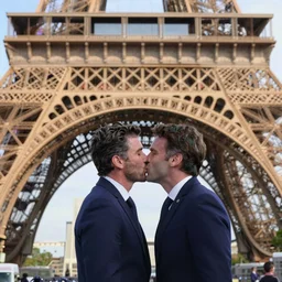 gerald darmanin and Emmanuel macron kissing under the eiffel tower