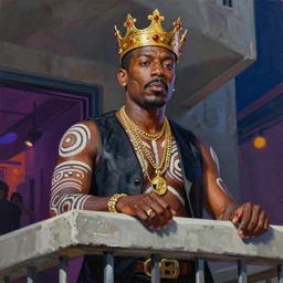 palette knife oil painting portrait of eddie murphy, a king - with gold crown with rubies, man in mafia wear and australian aboriginal body paint, concrete balcony, nightclub, artstation trending, artgerm, any racial background, deviant art, hipster, octane, substance, art history 8 k