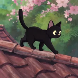 a wholesome animation key shot of a black cat walking in the edge of a roof with tiles, medium shot, studio ghibli, pixar and disney animation, sharp, rendered in unreal engine 5, anime key art by greg rutkowski, bloom, dramatic lighting