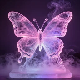 butterfly ice sculpture, pink, purple, glow, smoke, smoke, smoke