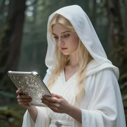portrait of the goddess of memory recording history on a silver tablet in a forest, white hood, white robes, blonde, fantasy, magical, realistic and detailed, spiritual, supernatural, intricate, elegant, highly detailed, digital painting, trending on artstation, by wlop, 4 k octane render