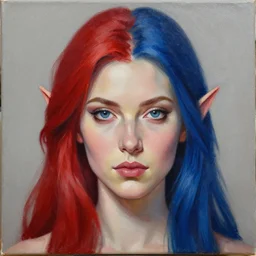 A detailed matte oil on canvas head on symmetrical portrait of a distinguished elven woman with split red and blue hair