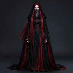 small, thin, delicate, beautiful female sith warrior with smooth porcelain skin and long flowing red hair, wearing black and red imperial uniform with cape, face covered by translucent veil, dark shadowy gothic aesthetic, full body portrait, centered composition, extremely detailed