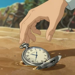 realistic interior shot from howls moving castle ( 2 0 0 4 ) a hand approaching a reflective silver pocket watch. flooded desert. cartoon depth of field.
