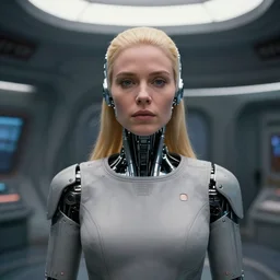 wide angle shot of a very pretty blond borg queen on a borg ship, cybernetic implants, perfect face, symmetrical face, moody lighting, shallow depth of field, 8 k, ultra realistic,