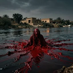 pool of blood spreading through the nile river in Ancient Egypt, cinematic lighting, epic, horrifying, scary, frightening, disturbing