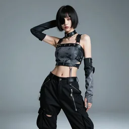 a ghost in the shell inspired full shot photographic portrait of a woman in a complex top model pose wearing top urban futuristic fashion clothing