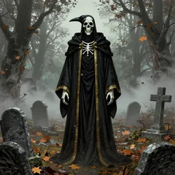 style of David Baldeon comic art and Joshua Middleton art, death with a crow head long black robes with gold trim full body, graveyard scene, autumn weather foggy, spooky creepy, beautiful, intricate high quality