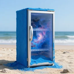 refrigerator made of blue sand on the beach with a nebula inside