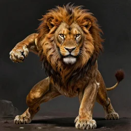 heroic character design of anthropomorphized lion, portrait, fighting posture, dramatic pose dark, atmospheric, deviantart, character art, stoic, strength, vibrant, stunning, lighthearted, highly detailed, concept art, colorized pencil, highly detailed,