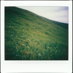 polaroid photo!! of a green empty steep grass hill with no trees, flash photography, unnatural lighting, uncanny, colored photograph