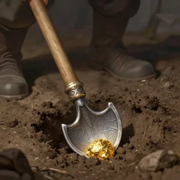 spade, digging, gold, discovery, miner, dirt, mud, soil, earth, deep focus, d & d, fantasy, intricate, elegant, highly detailed, digital painting, artstation, concept art, matte, sharp focus, illustration, hearthstone, art by artgerm and greg rutkowski and alphonse mucha
