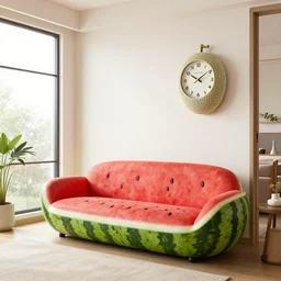 a room with a watermelon sofa, cantaloupe shaped wall clock, big windows, interior design photography