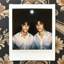 an instant photo of two beautiful but sinister young men wearing oxford shirts in layers of fear, with haunted eyes and dark hair, 1 9 7 0 s, seventies, wallpaper, a little blood, moonlight showing injuries, delicate embellishments, painterly, offset printing technique, by brom, robert henri, walter popp