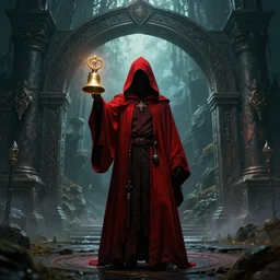 red hooded mage, holding a golden bell, standing in front of an arcane gate to another realm, mindblowing, landscape art, ominous, magical, dnd, 4 k uhd, very detailed