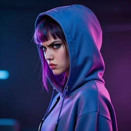 tomboy cyberpunk goddess in hoodie, side portrait, angry, striking, defiant, spotlight, vibrant colors, beautiful eyes, by marco paludet and gianni strino and marion bolognesi