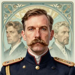 close up portrait of colonel sanders, decorated civil war veteran, long handlebar mustache, union uniform by artgerm, cushart krenz, greg rutkowski, mucha. art nouveau. gloomhaven, military symbolism, pale colors, sharp edges. ultra clear detailed. 8 k. elegant, intricate, octane render