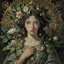 breathtaking detailed concept art painting of the goddess Flora, orthodox saint, with anxious, piercing eyes, ornate background, amalgamation of leaves and flowers, by Hsiao-Ron Cheng, James jean, Miho Hirano, Hayao Miyazaki, HDR, extremely moody lighting, 8K