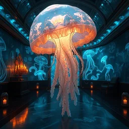 jellyfish museum interior design, bioluminescent labradorite, steampunk artnouveau, candlelight, sunset glow, dark shadows, octane render, volumetric lighting, raytracing, symmetrical wide shot low angle