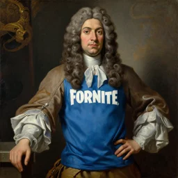 a painting of Louis XIV posing while wearing a Fortnite shirt, oil on canvas in the style of Botticelli