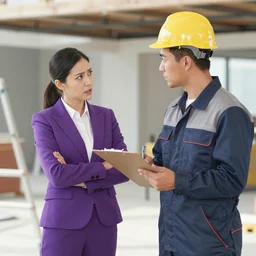 woman in a purple suit scolding man in construction outfit holding clipboard, realistic, 4 k