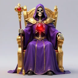 a skeleton in a large wide purple robe, golden magical shoulder pads, in a hood, a red magic sphere in his chest, he holds a golden magic staff in his hands, stands next to a golden throne, realism, game quality, 3d render, proportions