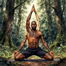 lebron james doing yoga in the forest, portrait, watercolor, dramatic lighting, cinematic, establishing shot, extremely high detail, foto realistic, cinematic lighting, pen and ink, intricate line drawings, by yoshitaka amano, ruan jia, kentaro miura, artgerm, post processed, concept art, artstation, matte painting, style by eddie mendoza, raphael lacoste, alex ross