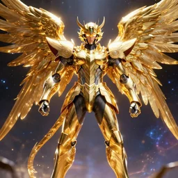 angel, golden armored mech, shining metallic, god like, luminous body, with a cosmic like background. artstyle like artstation, octane render + full body image with symmetrical face, asymmetrical, cinematic unreal engine, hypermaximalist, highly detailed, massive wings, strong jawline, dynamic pose