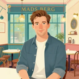 illustrated portrait of a victorian cafe interior, colorful, ( ( mads berg ) ), christopher balaskas, victo ngai, rich texture, detailed, dynamic composition, wide angle, blue filter, ( ( stippled gradients ) )