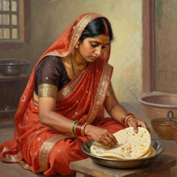 realistic painting of a women from maharashtra in saree from 2 0 th century making chapati extremely detailed, intricate, 4 k