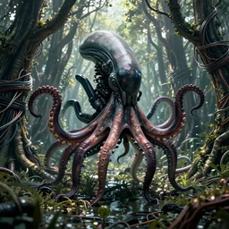 Xenomorph octopus in a Swamp full of trees made out of thousands of wires and pipes, Large Xenomorph approaching, film still from Aliens by James Cameron